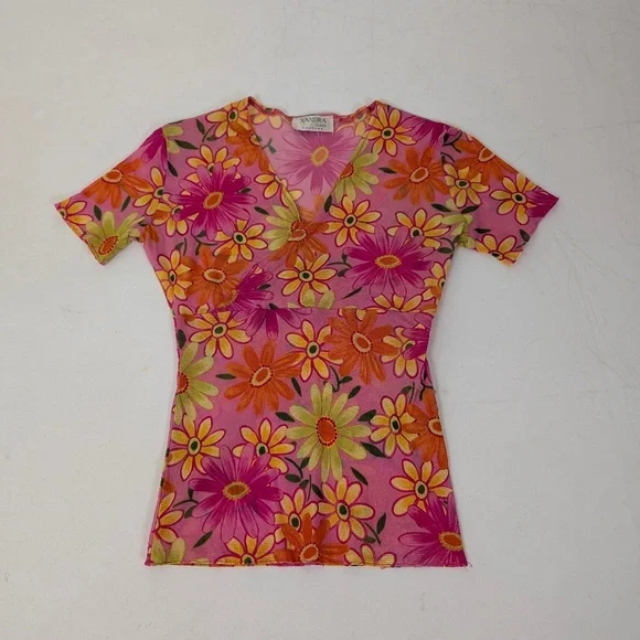 Free With Purchase - Floral Mesh T-Shirt Short Sleeve Sheer V-Neck Fitted Tight - Picture 2 of 9